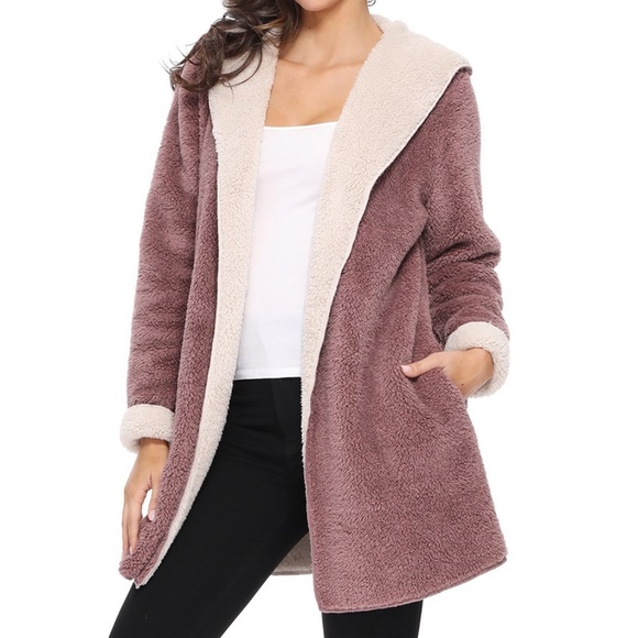 Mauve Teddy Sherpa Fleece Hood Cardigan Jacket - Picture 4 of 8